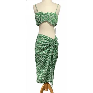 SHEIN Green Floral‎ Ruched Crop Top & High Slit Maxi Skirt Set Women's Size S thumbnail 9