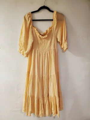 Oak + Fort Smocked Midi Dress in Apricot Large thumbnail 2