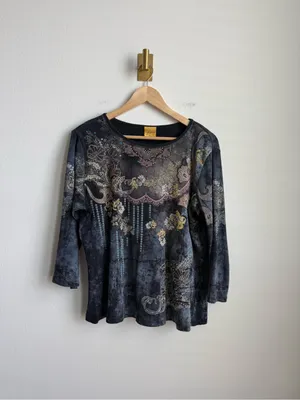 Vintage Katina Marie Y2K Rhinestone Graphic Top 3/4 Sleeve Made USA XL thumbnail 2