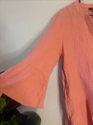 Quince Coral Tiered Button-Front Long Sleeve Tunic Dress thumbnail 4