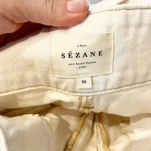 Sezane High Rise Paperbag Belted Tapered Straight Leg Jeans Cream 36 thumbnail 3