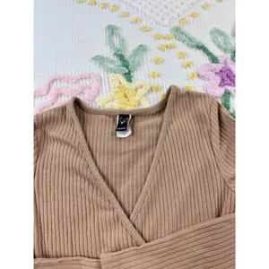Windsor Wrap Top Ribbed Long Sleeve Tie Front Crop Top Beige Size M thumbnail 4