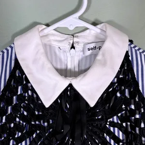Self-Portrait Blue White Striped Lace Overlay‎ Collared Mini Dress Belted size 0 thumbnail 5