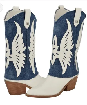 Guess White and Blue Denim Western Cowboy Boots thumbnail 1