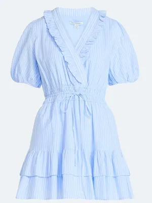 Free Assembly blue & white Tiered Ruffle Mini Dress with Short Puff Sleeves NWT thumbnail 5