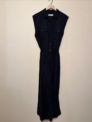 LOFT Black Linen Cap Sleeve Wide Leg Belted Jumpsuit Size XL thumbnail 3