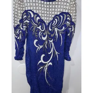 VTG Alisha Silk Beaded‎ MIDI Formal Gown Royal Blue Size L Y2K 90s thumbnail 3