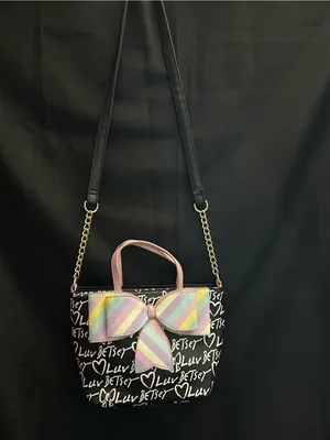 Betsey Johnson Graffiti Print Black Shoulder Bag With Pastel Striped Bow thumbnail 3