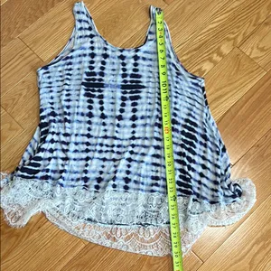Tie dye Blue and White Relaxed Fit Tank Top with Asymmetrical lace Hem thumbnail 6