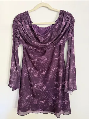 Purple Off-shoulder Long Sleeve Mini Dress with Draped Neck and Bell Sleeves thumbnail 1