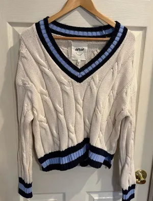 aerie Cream Cable-Knit V-Neck Sweater with Blue and Black Trim thumbnail 1