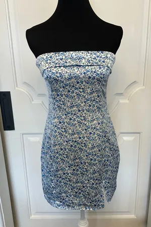 Altar’d State Floral Blue Strapless Dress Notch Slit Mini NWOT thumbnail 1