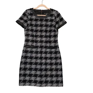 Karl Lagerfeld Paris Houndstooth Sheath Dress Faux Leather‎ Trim Black White 6 thumbnail 2