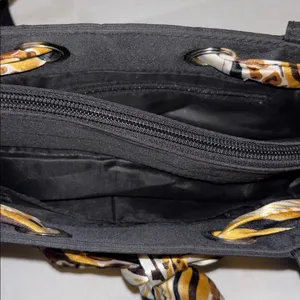 Black Nylon Tote/Shoulder Bag Tie Interwoven Thru Bag 3 Compartments One Zipper thumbnail 11