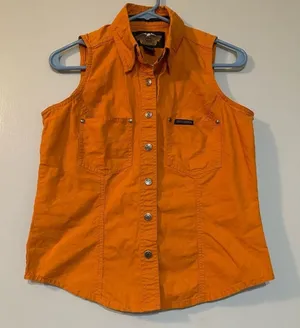 Harley Davidson Moto Sleeveless Orange Button Down Shirt Size Small thumbnail 1
