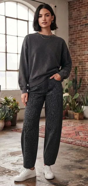 SHEIN Dark Gray Leopard Print Boyfriend Jeans thumbnail 1