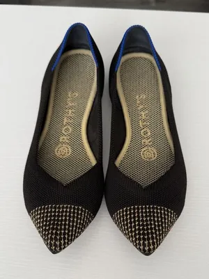 Rothy's The Point Black/Gold Embroidered Cap Toe Flats Women's Size 6 Retired thumbnail 1