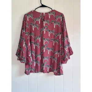 World Market Zebra Print Ruffle Bell Sleeve Blouse Mauve Pink L/XL thumbnail 3