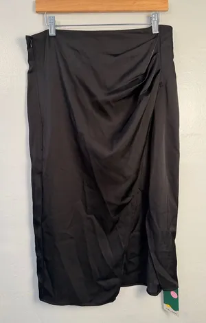HALARA Black Satin Draped Midi Skirt faux wrap size 12 thumbnail 1