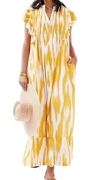 Anthropologie Maeve Cassandra Pintuck Flutter Sleeve Maxi Dress Yellow Size‎ XS thumbnail 1