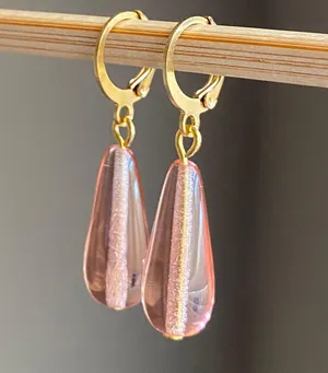 light pink Czech glass teardrop simple minimalist dangle earrings🩷 thumbnail 2