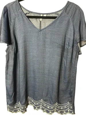 Elle Blue V-Neck Tunic with White Scalloped Embroidery thumbnail 1