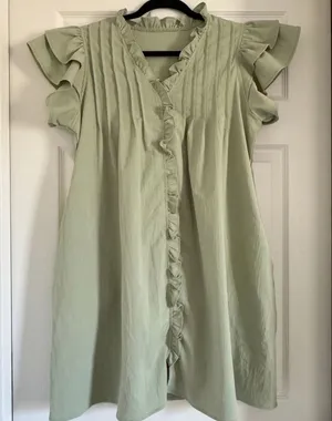 Sage Green Ruffle Sleeve Pintuck Mini Dress Pockets Boho‎ Cottagecore Size L thumbnail 1