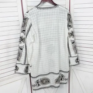 Zara Boho Embroidered Textured Cotton Tunic Shift Mini Dress White Tan Black XS‎ thumbnail 10