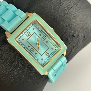 Women’s Aqua Blue Rectangular Analog Watch Gold Case Working New Battery thumbnail 3