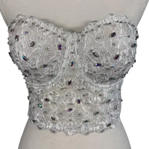 White Lace Bustier Crop Top Womens M Beaded Rhinestone Corset Cami Y2K Bridal thumbnail 13