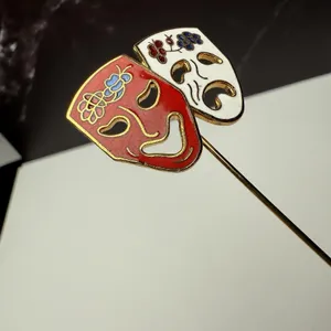 Comedy Tragedy Drama Mask Lapel Stick Pin Gold Tone Enamel White Red thumbnail 9