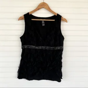 New York & Company Lace Sequin Empire Waist Top Size‎ L Black Surplice V-Neck thumbnail 2