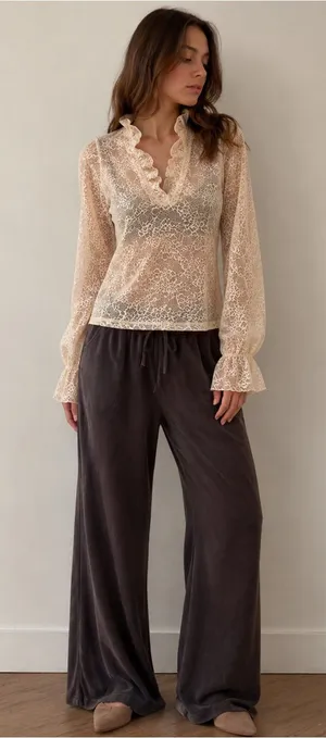 Vtg Y2K OG Eyelet S Lace Blouse Boho Cottagecore LS Ruffle Boutique Top thumbnail 1