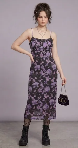 Princess Polly Women’s Black & Purple Floral Print Sleeveless Midi Dress Size 4 thumbnail 1