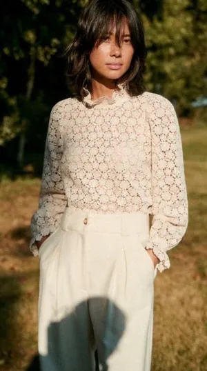 Sézane Elegant Jordyna Cream Floral Lace Longsleeve Ruffle Blouse | 34 thumbnail 1