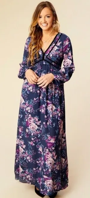 Altar’d State Boho Maxi Dress M Floral Navy Empire Waist Fairy Whimsgoth thumbnail 1