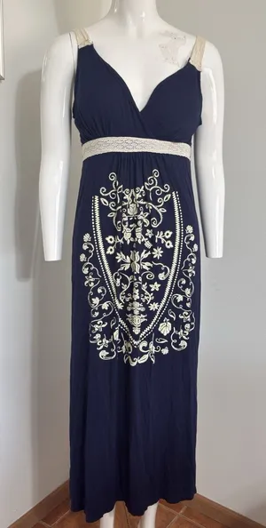 Women’s Blue Maxi Dress Size M Padded Lace Accents Embroidered Boho Cottagecore thumbnail 1