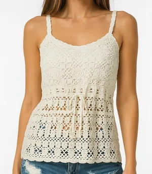 Crochet Tank Top Cream Sleeveless Drawstring Boho Bohemian Festival Small thumbnail 1