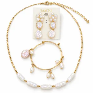Saachi Gold Tone Irregular Pearl Necklace Bracelet Drop Earrings Set thumbnail 1