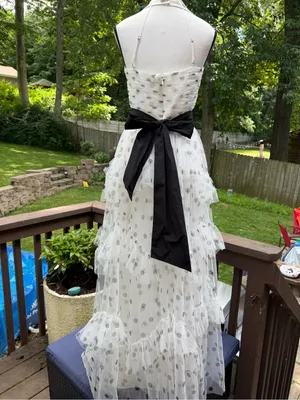 BCBG MAXAZRIA DRESS Maxi Formal LONG GOWN WHITE BLACK POLKA DOT 4 S Ruffle thumbnail 6