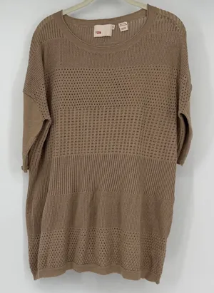 Anthropologie YOON Cotton Cashmere Open Knit Tunic Sweater S Beige Lagenlook thumbnail 1