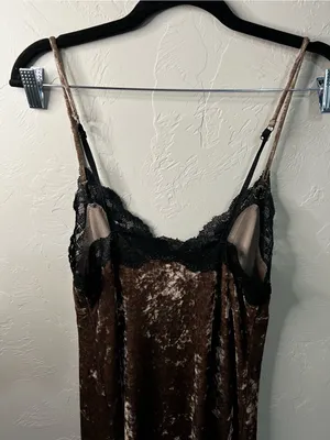 Arianne Vintage 90s Chocolate Brown Velvet Black Lace Slip Mini Dress thumbnail 7