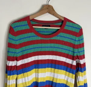 Tommy Hilfiger Sweater Womens Large Multicolor Striped Cable Knit Pullover Crew thumbnail 3