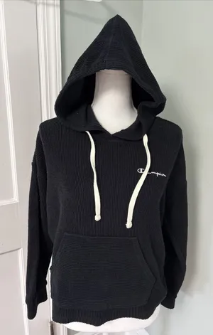Champion Thermal Hoodie Black Ribbed Athletic Womens Size‎ Small Cropped thumbnail 1