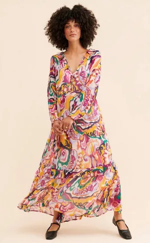 Anthropologie The Marais Printed Chiffon Maxi Dress‎ XS Boho Tiered Ruffle thumbnail 1
