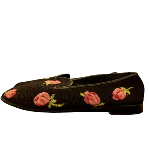 VTG Floral Needlepoint Loafers Rose Tapestry Smoking Slipper Grandmacore 10 thumbnail 4