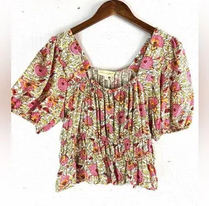Cynthia Rowley M Multicolored Floral Ruched Crop Blouse thumbnail 1
