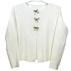 Bow‎ Front Cardigan Sweater Rhinestone Textured Knit Winter White Women's L thumbnail 5