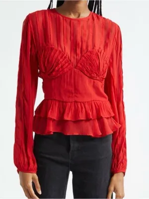 FARM Rio Red Ruffled Sheer Long-Sleeve Peplum Blouse Size Small thumbnail 2