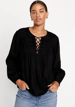 Old Navy Tie-Front Boho Swing Blouse in Black - Size: medium NWT thumbnail 1